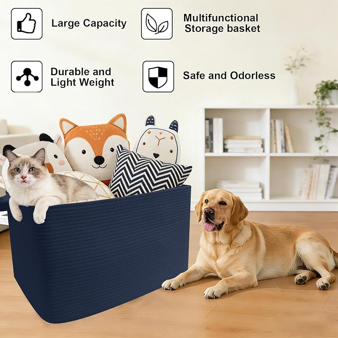 65L Collapsible Woven Rope Laundry Basket with Handles,Navy | 21x16x12 Foldable Rectangular Blanket Basket for Toys, Clothes & Pillows,Ideal for Nursery, Bathroom, Bedroom, Living Room - Image 8