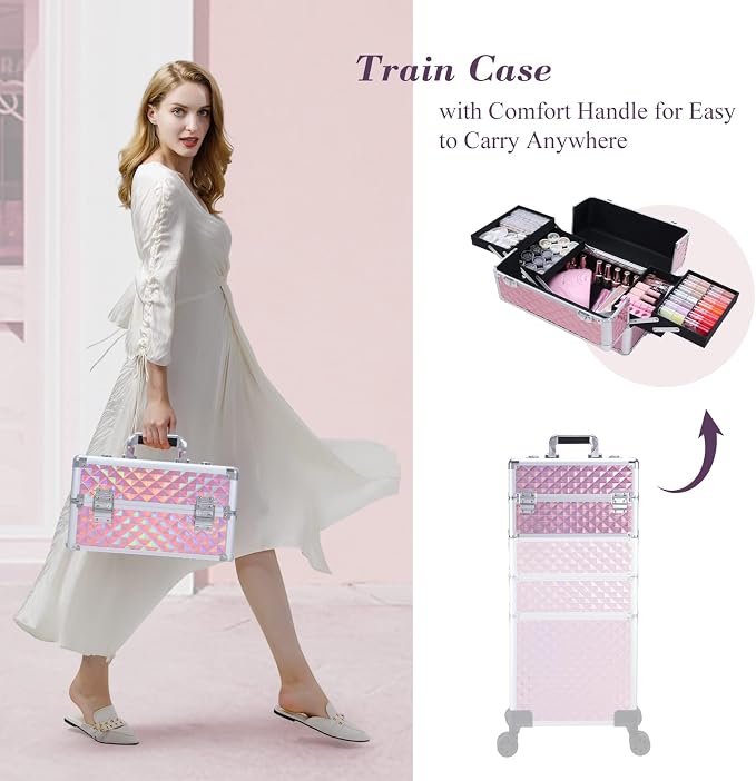 4 in 1 Rolling Makeup Trolley Train Case Cosmetic Suitcase, Box for Makeup Artist, Hairstylists, Nail Tech Students Barber Case with Keys Swivel Wheels - Shiny Pink - Image 3