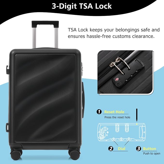 Hardshell Luggage Sets, Lightweight Stripes Suitcases with Spinner Wheels, Black1 - Image 4