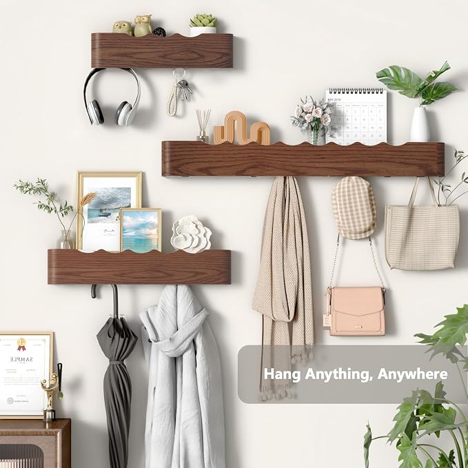 Wall Mounted Coat Rack with Shelf, Wooden Entryway Organizer with Hidden Metal Hooks for Hanging Coats Bags Keys, Modern Floating Shelf for Hallway Bathroom - Image 5