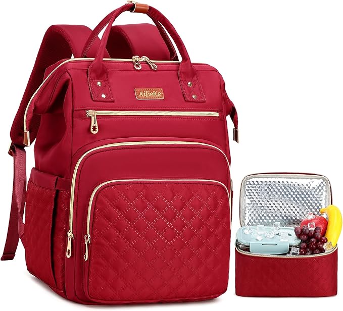 AIJIEKE Lunch Backpack for Women, 15.6 Laptop Backpack, Lunch Box, Red | Water resistant computer bag with insulated leakproof cooler. Travel meal prep backpack for nurse, teacher, college commute by AIJIEKEDirect