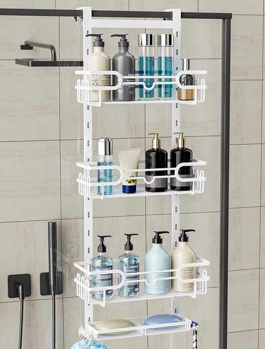 Consumest Over The Door Shower Caddy - 4 Tier Adjustable Hanging Shower Organizer Shelf with 2 Soap Holders & 22 Hooks, Rustproof Easy Installation Hanging Storage Rack for Bathroom, White by Consumest