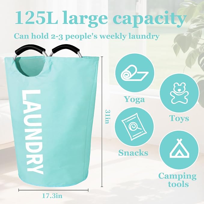 WOOHA 125L Large laundry basket,Collapsible laundry hamper, Tall Clothes Baskets Folding Washing Bin Foldable Fabric Hamper Bags for Bedroom, Closet,Bathroom,College,laundry bag,lightblue - Image 5