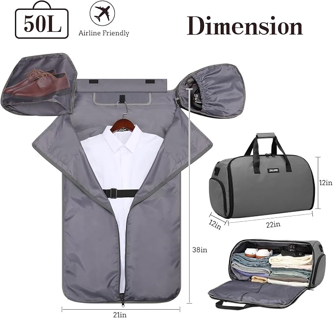 Garment Duffle Bags for Travel, Carry On Garment Duffel Weekender Bag 45L | 2-days Trip,Wrinkle-Free Travel,Separate Shoe Pocket | Overnight Garment Bag for Vacation, Business Trips, Weekend - Image 4