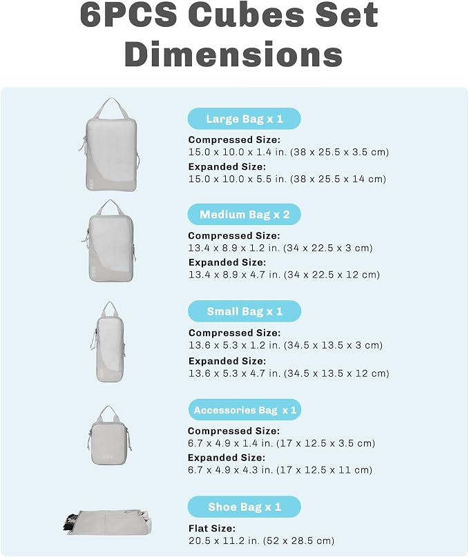 Hynes Eagle 6 Set/ 4 Set/ 2 Set Compression Packing Cubes Travel Essentials Lightweight Nylon Luggage Suitcase Organizer Bag Light Grey 6PCS - Image 2