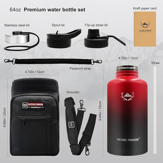 NATURE PIONEOR 64 oz Insulated Water Bottle with Carrier Bag & 3 Lids | 18/8 Food-grade Stainless Steel, Double Vacuum Insulation, 3 Leak-proof Lids, Strap, Camping, Hiking, Gym, Work - Image 5