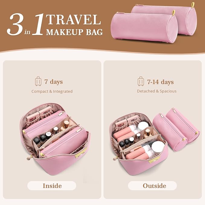 Travel Makeup Bag for Women: 3-in-1 Large Capacity Cosmetics Organizer with 2 Detachable Pouch - Vegan Leather Flat Open Toiletry Bag - Travel Essentials for Full-Sized Bottles(02-Pink) - Image 2
