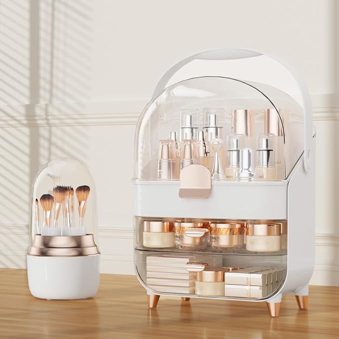 Makeup Organizer Countertop & 360° Rotating Makeup Brush Holder, Skincare Holder with Lid and Drawers, Storage Box Cosmetic Display Cases, Teen Girl Gifts, Vanity, Bathroom Counter,Rose Gold by CLBDRESS