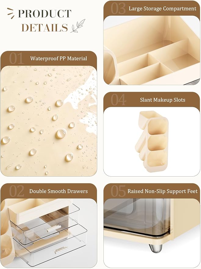 Large Makeup Organizer Countertop Skincare Organizers, Spacious Cosmetic Display Case for Vanity Organizers Storage, Waterproof Make Up Organizer for Bathroom, Birthday Gifts for Women, Cream - Image 2