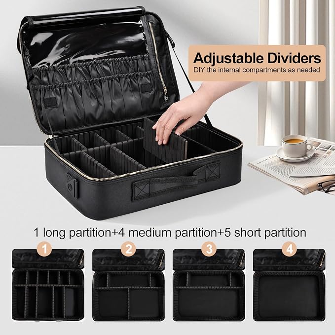 Large Travel Makeup Case, Professional Makeup Train Case Organizer, Portable Cosmetic Brush Bag Holder Waterproof Makeup Artist Storage Box with Adjustable Dividers and Shoulder Strap, Leather Black - Image 4