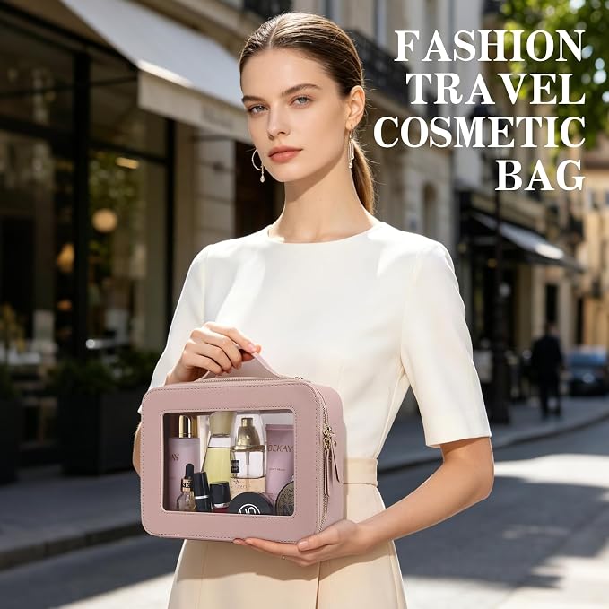 Travel Makeup Bag, Pink, L+Slim | With Brush Case, Transparent, Waterproof, Zipper Closure - Image 8