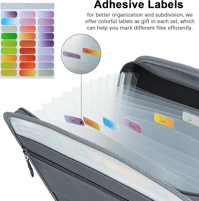 NAFY Expanding File Folder, 13 Pockets Document Organizer with Zipper, A4 Letter Size Portable Accordion Expanding File Folders with 27pcs Multicolor Labels for Home Office School Supplies (Black) - Image 5