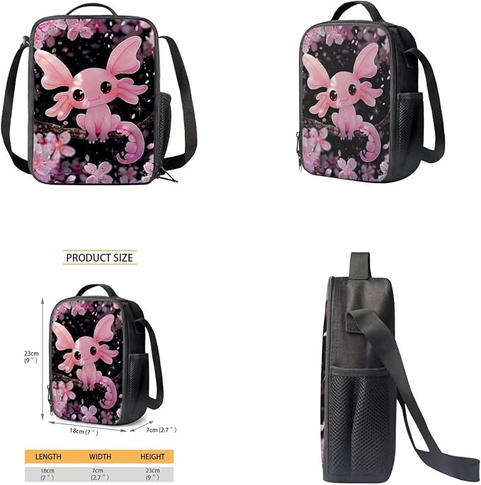Cherry Blossom Axolotl Backpack for Girls Kids Backpack with Lunch Box Water Bottle Carrier with Strap and Big Pencil Case 4PCS Bookbag with Front Pocket for School 17 inch Sturdy School Bag - Image 4