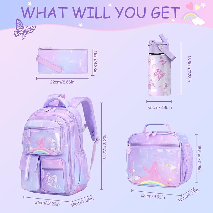 ACESAK Kids School Backpack for Girls, Rainbow Bookbag Backpack with 14OZ Water Bottle, Lunch Bag Set for GirlsTeens Middle Student, Girls Backpacks for School (Purple) - Image 2