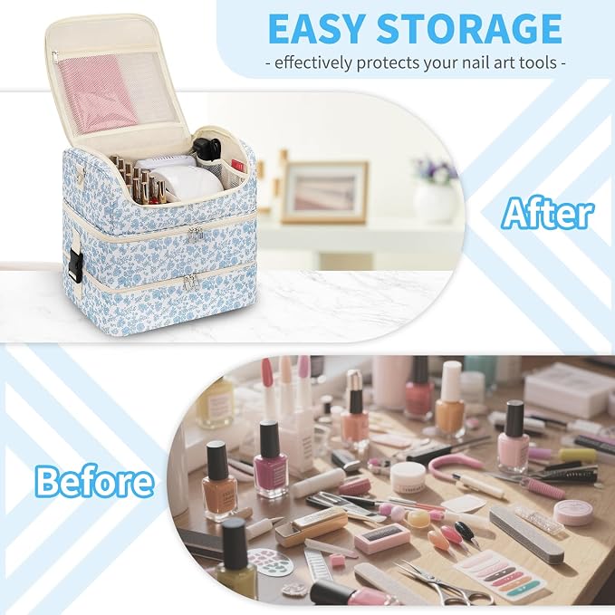 Extra Large Nail Polish Organizer - Three Layer Nail Organizers And Storage Bag, Portable Nail Supplies Organizer Case, Nail Tech Kit Travel Carrying Box with Shoulder Strap (Floral Blue, 117 Slots) - Image 2