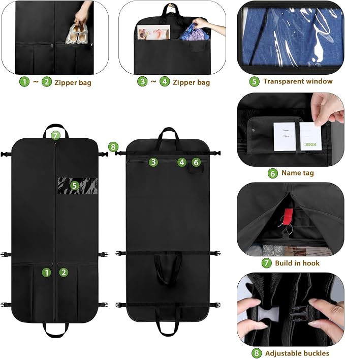 KEEGH Garment Bags for Travel 54" Tri-fold Garment Bag for Dresses Long Suit Bags Dress Bags for Closet Storage Hanging Clothes for Suit Coats Tuxedos Dresses with 4 Big Pockets, Black - Image 4