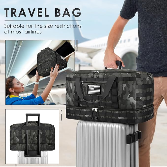 Travel Bag for Men Women, Gym Bag & Tactical Duffle Bags for Travel, Carry on with Toiletry Bag and Shoe Compartment, Weekender Overnight Trip with Wet Pocket for Workout Medical, Black Camo - Image 5