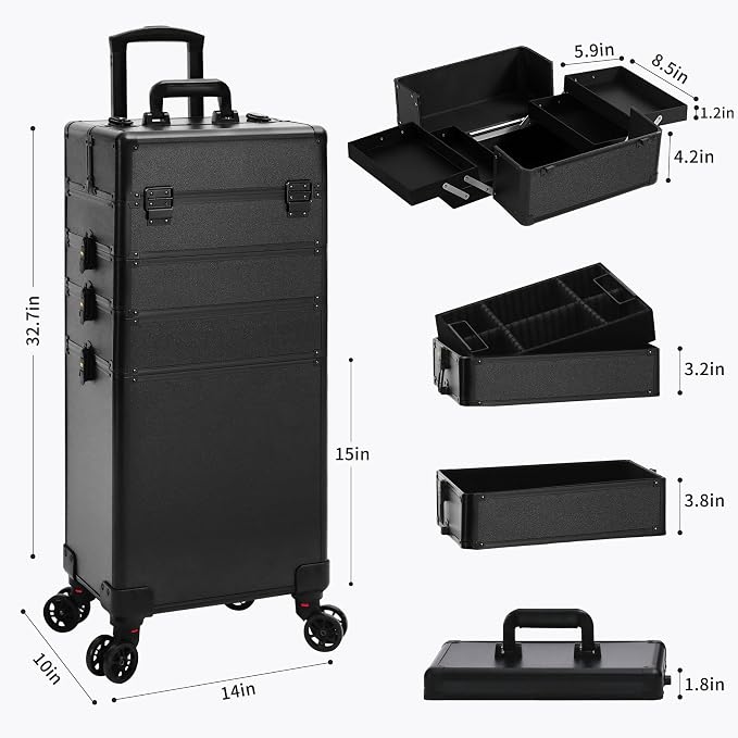 Rolling Makeup Train Case with Lid Cosmetology Case on Wheels | 5 in 1 Large Cosmetic Trolley Organizer Travel for Hairstylist Artist Nail Beauty Salon Barber Cart Trunk, Black - Image 2