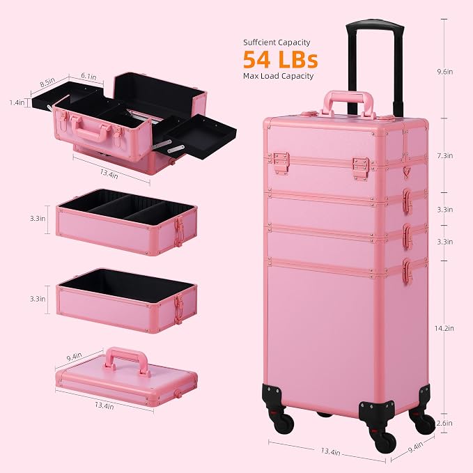 Somduy Makeup Train Case, Rolling Makeup Case with Lid, 5 in 1 Cosmetology Case on Wheels, Christmas Gift, Large Makeup Case Organizers, Profesional Cosmetic Case for Salon Barber, Pink - Image 4