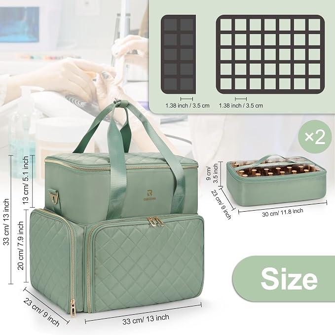 Relavel Nail Polish Organizer, Double Layer Nail Bag Holds 80-100 Bottles (15ml/0.5fl.oz) & Nail Lamp Nail Kit Storage Case, Extra Large Travel Nail Supplies Shoulder Bag for Manicure Tools (Green) - Image 6