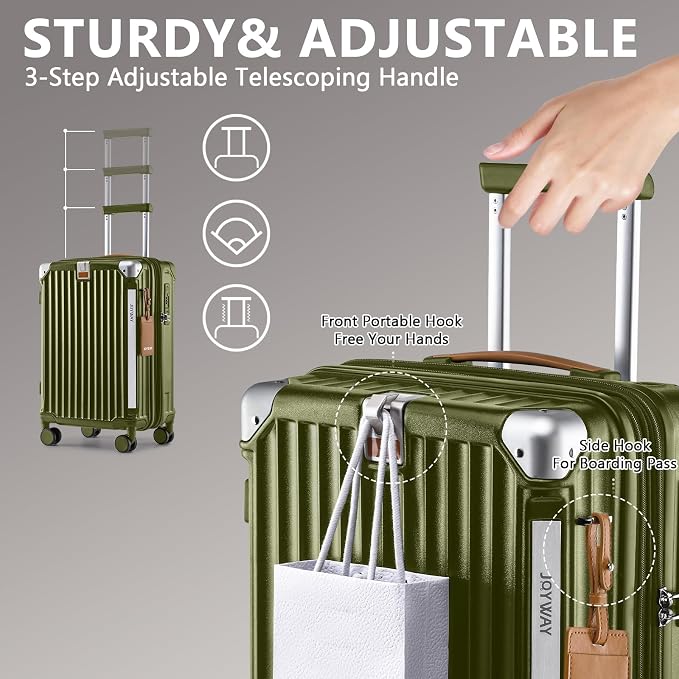 Joyway 5 Piece Luggage Set with Cup Holder, Expandable 25% Capacity, Includes Handbag, Anti Slip Wheels, Hook, Smart Carry On Suitcase for Men and Women, Spinner Travel DarkGreen - Image 4