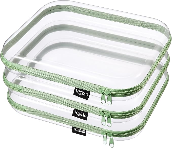 YQBRAO 3-Pack Large Clear Hard Shell Zipper Case, 1.2mm Ultra-Thick Rigid Toy & Closet Organizer, Heavy-Duty Diaper Bag Pouch Set with YKK Zippers, Waterproof Travel Storage (Green) by Unknown