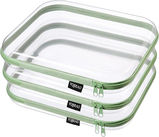 YQBRAO 3-Pack Large Clear Hard Shell Zipper Case, 1.2mm Ultra-Thick Rigid Toy & Closet Organizer, Heavy-Duty Diaper Bag Pouch Set with YKK Zippers, Waterproof Travel Storage (Green) by Unknown