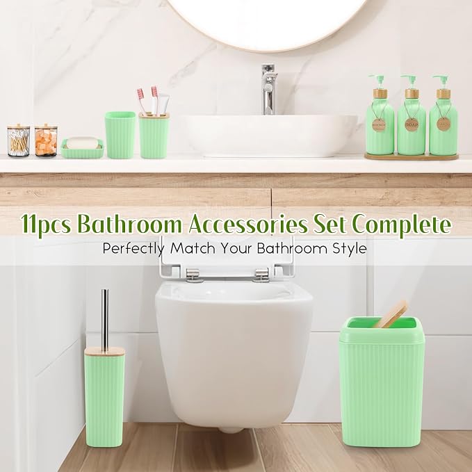 XLHOMO Green Bathroom Accessories Set 17PCS Bathroom Set with Trash Can 3PCS Lotion Soap Dispenser, Toothbrush Holder, 6PCS Wood Tags Bath Accessories with Tray for Kitchen Bathroom - Image 5