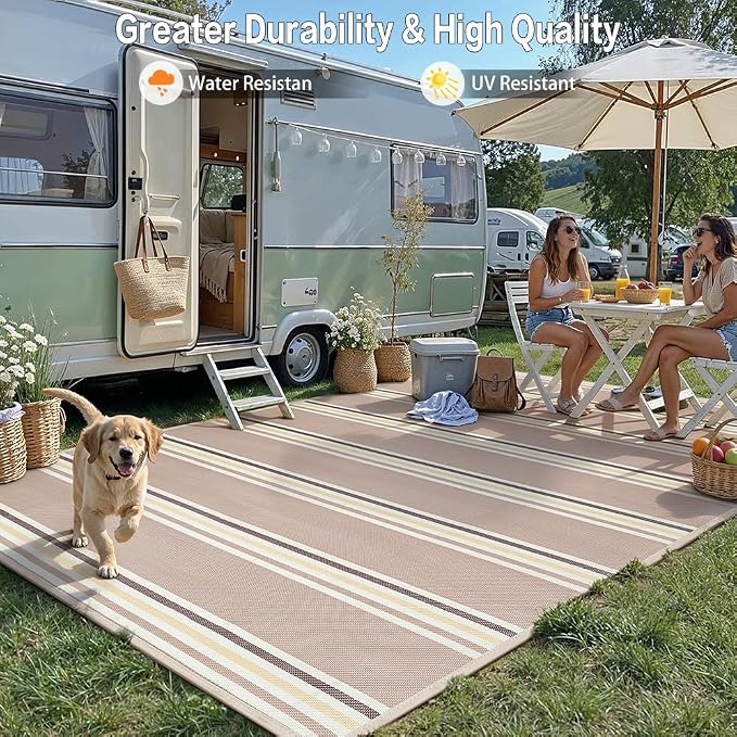 PureCozy Outdoor Waterproof 9x12 Rug for Patio Reversible Plastic Straw Beige Striped Camping Mat Outside Lightweight Large Floor Mat for RV Deck Beach Balcony Picnic Backyard Entry Porch - Image 4