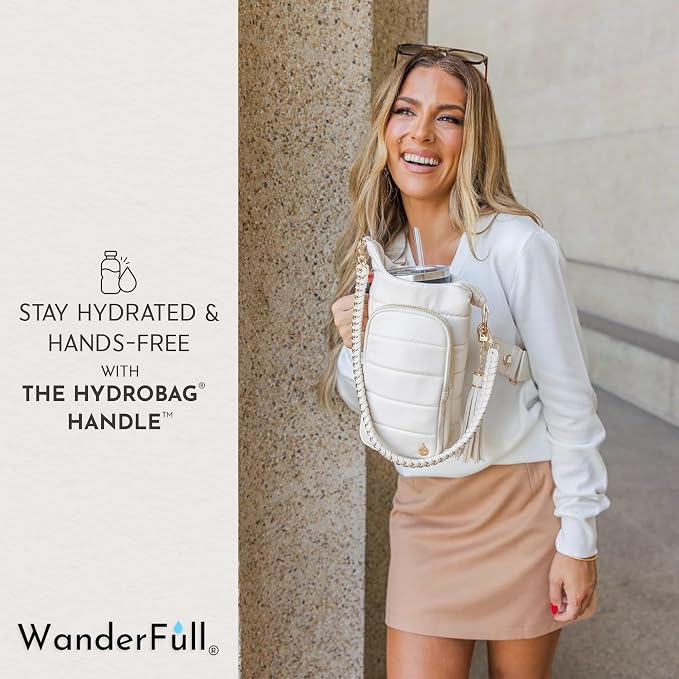 WanderFull Original HydroBag Handle®, Zipper for Handle, 40 oz Water Bottle Holder w/Strap, Crossbody Carrier Bag w/Phone Pocket- Ivory Lacquer w/Vegan Leather Trimmed Strap - Image 2