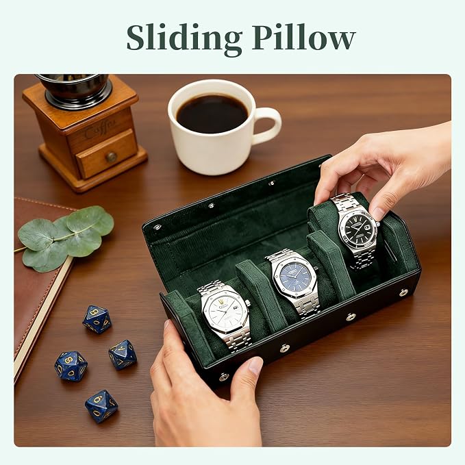 Luxury Hexagonal Leather Travel Watch Roll for 3 Watches, Black Green | Multiple Watch Capacity,Premium Hexagon Leather,Velvet M-Shaped Cushions,Secure Snap Closure,Storage Organizer - Image 3