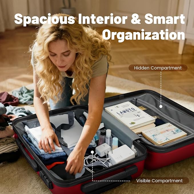 3-Piece Luggage Set, 20" ABS Hardshell Lightweight Suitcase with Smooth Spinner Wheels for Business and Family Travel (Vibrant Red) - Image 5