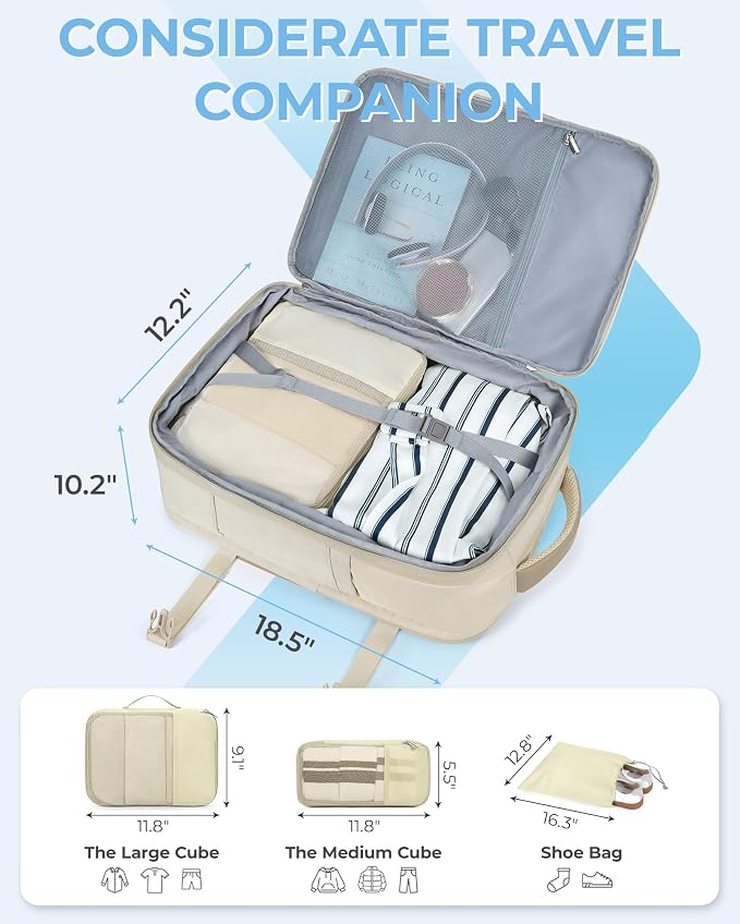 BAGSMART 37L Expandable Travel Backpack Compression Carry On Daypack | Warm Beige weekender bag fits 17" laptop. Water resistant luggage with packing cubes and shoe pouch. - Image 4
