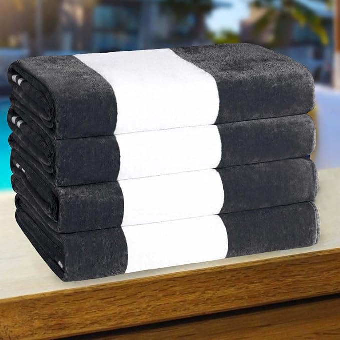Superior Cotton Striped Beach Towels, Colorful Towels for Adult, Kid, Pool, Swimming, Sand, Travel, Large Oversized, Absorbent, Fast Drying, Bath Basics, Cabana Collection, Set of 4, Charcoal by SUPERIOR