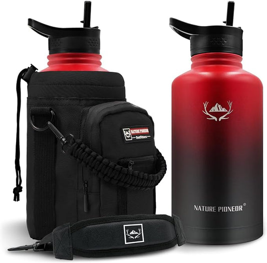 NATURE PIONEOR 64 oz Insulated Water Bottle with Carrier Bag & 3 Lids | 18/8 Food-grade Stainless Steel, Double Vacuum Insulation, 3 Leak-proof Lids, Strap, Camping, Hiking, Gym, Work by NATUREPIONEOR