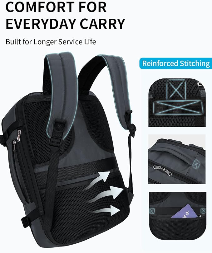 ECOHUB Carry On Travel Backpack, Expandable Airlines Personal Item Bag 18x14x8, Water Resistant 17 inch Laptop Backpack Flight Approved, 12 Pockets 30L Work Backpacks with Wet Pocket Cable Slot, Grey - Image 7