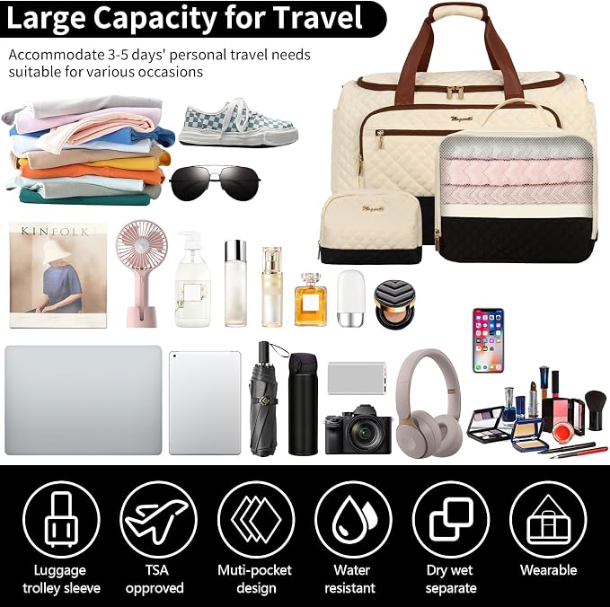 Wogarl 3PCS Weekender Bags for Women Large Overnight Bag Weekend Travel Duffel Bag Carry on Shoulder with Shoe Compartment Canvas Toiletry Bag for Travel Business Gym,Black White - Image 7