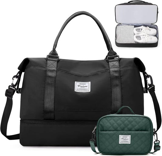 Weekender Bags for Women,Personal Item Travel Bag with Shoes Compartment | Overnight Travel Duffel Bag with Dark Green Toiletry Bag,Carry-On Bag by SYCNB