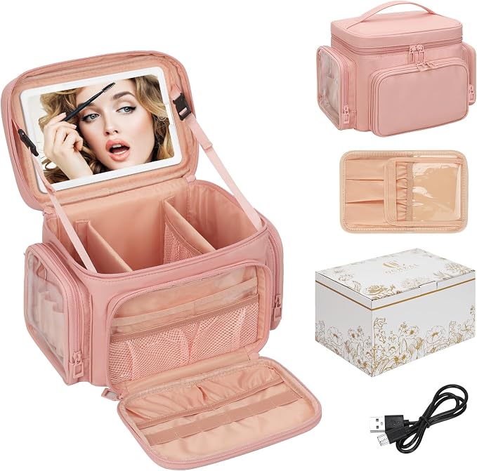 Large Makeup Bag with LED Mirror, Travel Makeup Bag Organizer for Women Girls with Makeup Brush Compartment & Two Side Pockets, 3 Color Lights Cosmetic Toiletry Bag- Leather Pink - Image 8