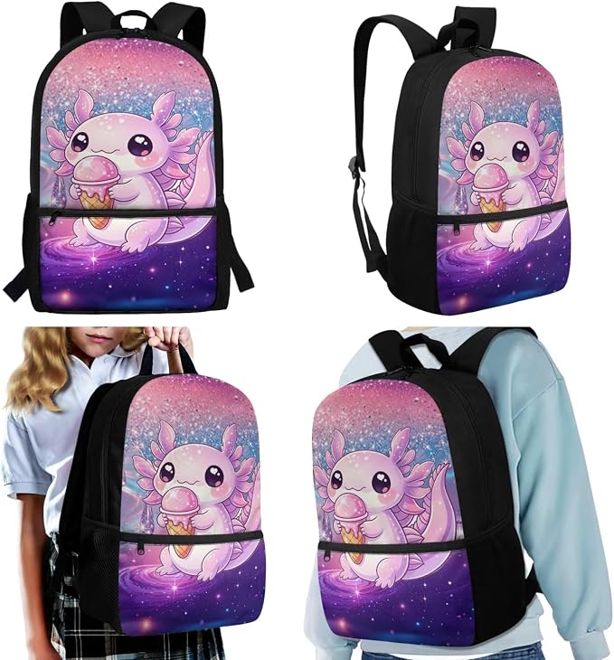 Axolotl Kids School Backpack 4-in-1 Set, Gifts for Girls Age 6-12, 17'' Cute Bookbag with Insulated Lunch Box, Pencil Case & Water Bottle Holder for Back to School Birthday Christmas - Image 2