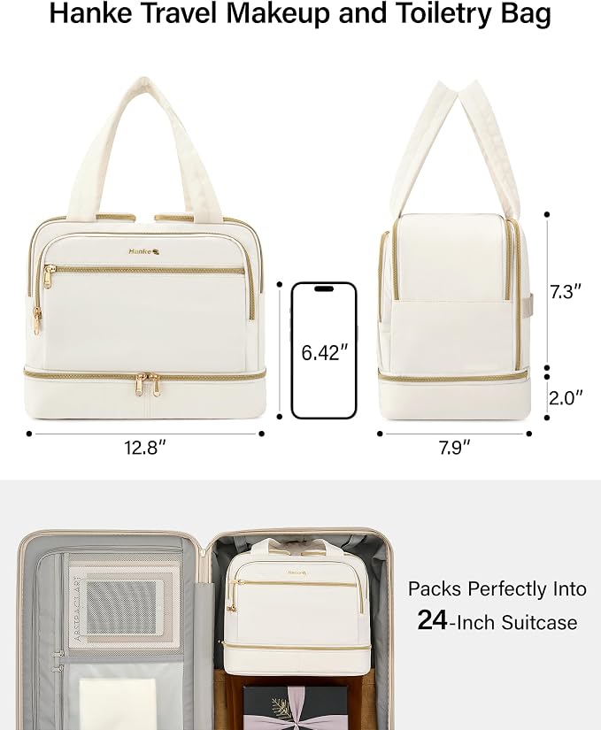 Hanke Travel Toiletry Bag, Lightweight Wide-open Large Toiletry Bags for Women, Dual-Layer Makeup Bag Water-Resistant Cosmetic Travel Bag with Handle for Accessories, Essentials, Off White - Image 6