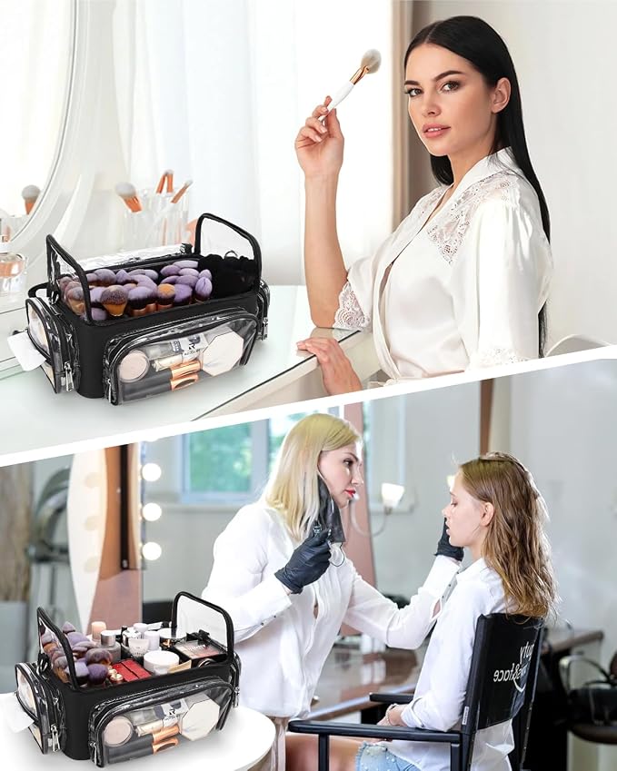 TANTO Makeup Brush Case, Clear Extra Large Cosmetic Organizer Holder Professional Makeup Artist Train Case with Adjustable Dividers&Strap Portable Makeup Brush Holder (02A-Black（XX Large）) - Image 5