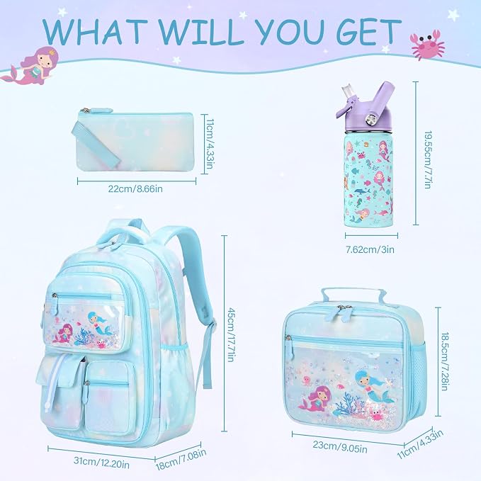 ACESAK Kids School Backpack for Girls, Mermaids Bookbag Backpack with 14OZ Water Bottle, Lunch Bag Set for GirlsTeens Middle Student, Girls Backpacks for School (Blue) - Image 2