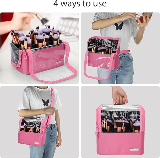 TANTO Makeup Brush Case Stand-up Makeup Cup Makeup Brush Holder Travel Professional Cosmetic Bag Artist Storage Bag Large Makeup Bag with Adjustable Divide (Rose Pink, 1-Large) - Image 6