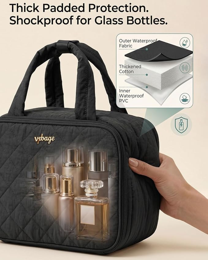 VPBAGE Large Quilted Toiletry Bag for Women, Puffy Travel Makeup Organizer with Removable Divider & Shoulder Strap, Waterproof Standing Cosmetic Case for Full-Size Toiletries, Gym, Vacation - Image 6