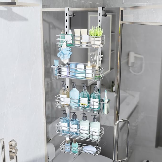 Consumest Over The Door Shower Caddy - 5 Tier Adjustable Shower Organizer Hanging with 2 Toothbrush Holders & 4 Hooks, Rustproof Organizer Shelf, Storage Rack for Bathroom, Silver - Image 4