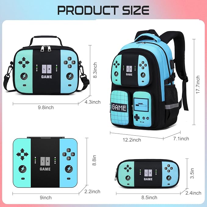 Jafeton School Backpack for Boys, 4 PCS Gamer Boy Backpack Set with Bento Box, Lunch Box & Pencil Pouch, Waterproof Schoolbag for Boys Kids Teens, Elementary Middle School, Kid Bookbag Casual Daypack - Image 2