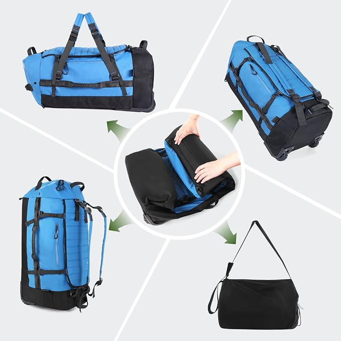 Vomgomfom 86L Foldable Duffle Bag with Wheels - Waterproof Rolling Travel Bag, Collapsible Luggage No Telescopic Handle, for Men Women Camping Sports Weekend Trips，Blue - Image 5