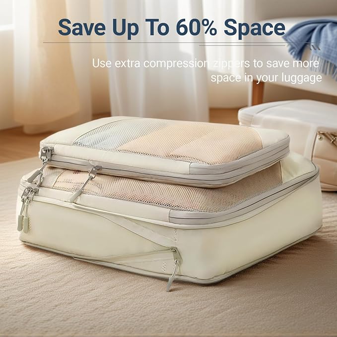 6 Set Compression Packing Cubes,Garment bags for travel,Luggage Organizers for Carry-on Suitcase,Beige - Image 2