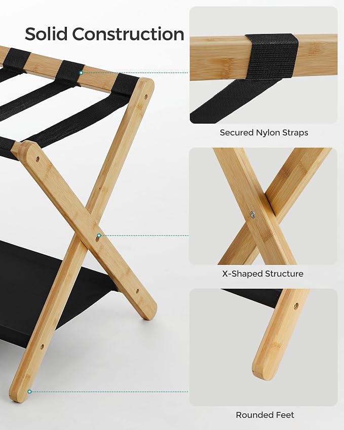SONGMICS Luggage Rack, Bamboo Luggage Rack for Guest Room, Folding Suitcase Stand, for Hotel, Bedroom, Heavy-Duty, Holds up to 131 lb, Natural Beige URLR007N01 - Image 3